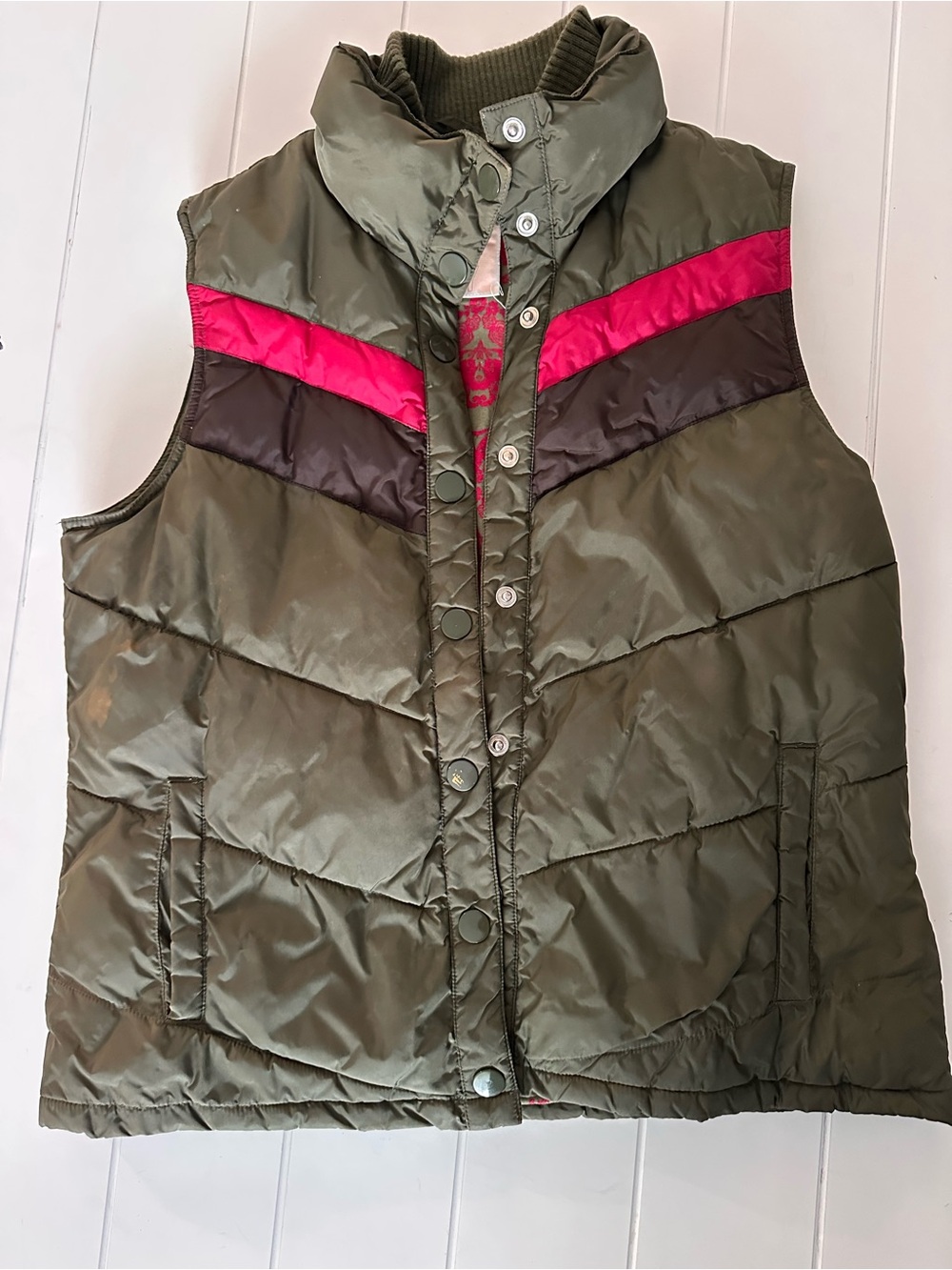 Old Navy Olive Quilted Vest with Pink and Brown Chevron